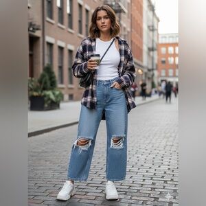 ASOS Petite Medium Blue Ripped Wide Leg Jeans